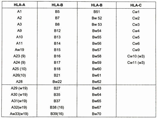 Các gen của hệ HLA đã có kháng thể đặc hiệu