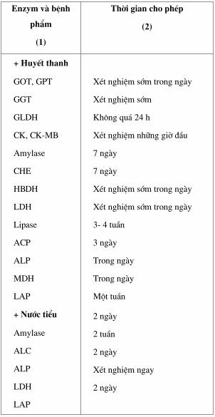 Thời gian cho phép bảo quản để xác định các enzym huyết thanh