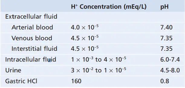 pH và nồng độ ion H+ ở các mô trong cơ thể